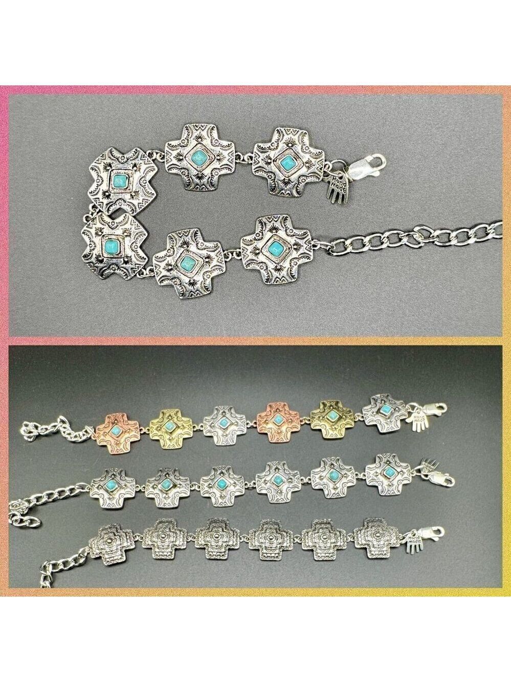Faux Turquoise and Silver Tone Concho Chain Bracelet #1440